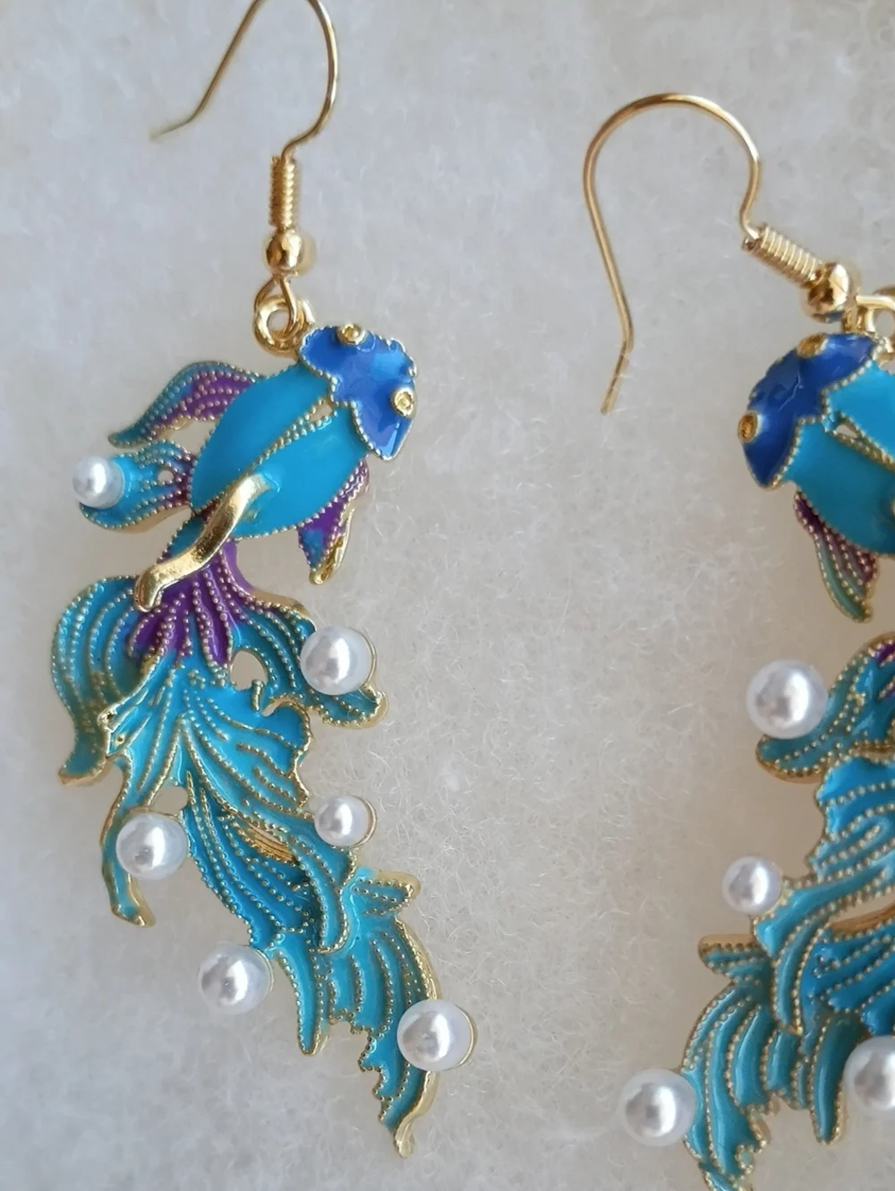 Betta Fish Enamel Pearl 3D Earrings Gold Toned